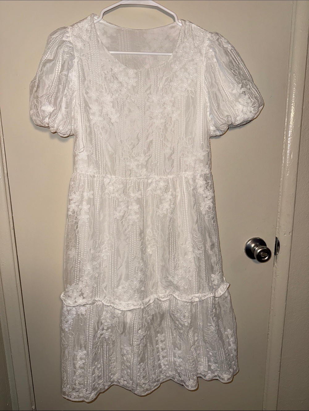 White Lace Tiered Midi Dress with Puff Sleeves